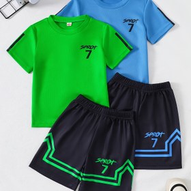 Resim Erkek Çocuklar İçin Yazlık Yeni Moda Hızlı Kuruyan Kıyafetler SPOR7S Baskılı 4 Parça Set, Dış Mekanlar İçin Mükemmel 