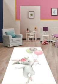 Resim Pelangi Beyaz Zemin Balonlu Tavşan Desenli Yıkanabilir Kaymaz Taban Leke Tutmaz Çocuk Odası Halısı, Beyaz-Gri-Pembe 100 x 600, 7642012210060005 