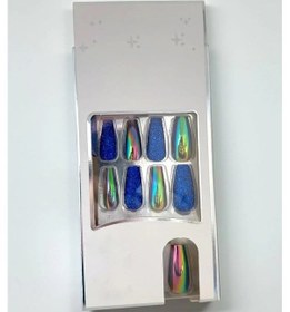 Resim Caş Dekorasyon 24'lü Mavi Renk Simli Ve Hologramlı Takma Tırnak Seti Yapıştırıcılı 
