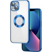 Resim Case 4U iPhone 13 Kılıf Kamera Lens Korumalı Şeffaf Renkli Logo Gösteren Parlak Omega Kapak Lacivert 