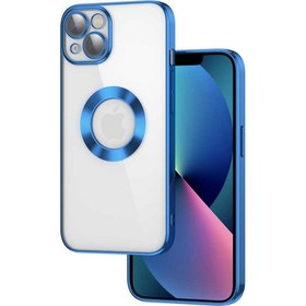 Resim Case 4U iPhone 13 Kılıf Kamera Lens Korumalı Şeffaf Renkli Logo Gösteren Parlak Omega Kapak Lacivert 