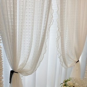 Resim 2paneller Fransız Vintage Beyaz Dantel Tül Perde Boncuklu Volanlı Voile Sheer Perdeler Oturma Odası, Yatak Odası, Balkon, Romantik Pencere Dekoratif Çubuk Cep Perde Ev Dekoru 