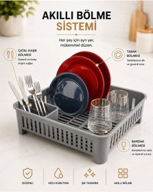 Resim Bulaşıklık Tezgah Üstü Tabak Bardak Kurutmalık Plastik Bulaşık Sepeti 33x41 Cm Gri S-10567 