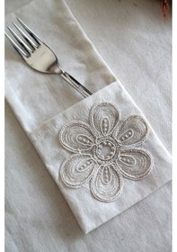 Resim Çiçek Dantelli Krem Keten Kaşıklık Servis Sunum Table 6 Adet Krem 