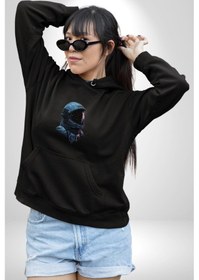Resim Uzay Boşluğuda Astonot Kadın Erkek Siyah Kapüşonlu Sweatshirt Hoodie Siyah 