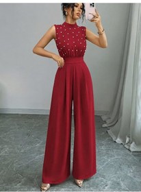 Resim Efnaz Style Kadın Balıkçı Yaka Kolsuz Incili Beli Kuşaklı Uzun Janjan Tulum Kırmızı 