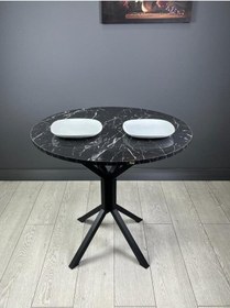 Resim Saray Siyahmermer Yuvarlak Mutfak Masası Yemek Masa Balkon Masa Metal Siyah Ayak 80 Cm 