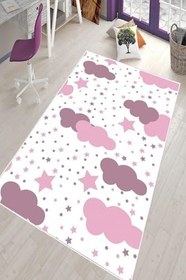Resim Pelangi Beyaz Pembe Bulut Desenli Yıkanabilir Kaymaz Taban Leke Tutmazbebek Ve Çocuk Odası Halısı, Pembe-Beyaz 80 x 150 