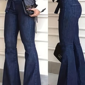 Resim Kadınlar İçin Şık Lacivert Yüksek Bel Geniş Paça Kot Pantolon - Şık Bel Bağcıklı, Rahat Kalıp ve Makinede Yıkanabilir Esnek kot Zilli Pantolon 
