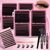 Resim 800/640/160 adet - 100D Hacimli Kabarık Kedi Gözü Rus DD Kıvrım Ekstra Kalın Karışık Uzunlukta 8-18mm Kirpik Uzatma Seti, Günlük Makyaj için Yeniden Kullanılabilir, Yapıştırıcı ile 