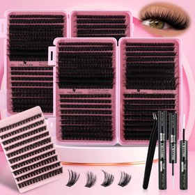 Resim 800/640/160 adet - 100D Hacimli Kabarık Kedi Gözü Rus DD Kıvrım Ekstra Kalın Karışık Uzunlukta 8-18mm Kirpik Uzatma Seti, Günlük Makyaj için Yeniden Kullanılabilir, Yapıştırıcı ile 