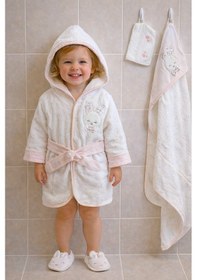 Resim 0-2 Yaş Gaye Kız Bebek Organik Pamuk 4 Parça Tavşan Nakışlı Bornoz Seti Krem - Somon 