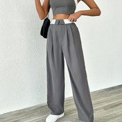 Resim Casual Color Block Pantolon Takımları, Omuzdan Askısız Crop Tube Üst Ve Uzun Boy Geniş Bacak Pantolon Kıyafetleri, Kadın Giyim 