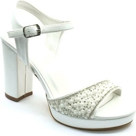 Resim Feles Taşlı Platform Tek Bant Topuklu Kadın Abiye Ayakkabı Beyaz 