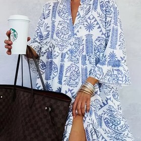 Resim Yeni Moda Büyük Beden Tatil Kadınlar için Bol Zayıflatan Rahat Yedi Kollu Gömlek Elbise 