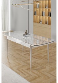 Resim Canisa Rada Serisi 80x132 Açılabilir Lak Panel Beyaz Mermer Desen Masa 4 Krem Sandalye Krom Detay Beyaz Mermer Desen Masa Krem Sandalye 