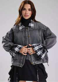Resim tw3 Kadın Ekose Kumaş Detaylı Oversıze Tasarım Denim Ceket 