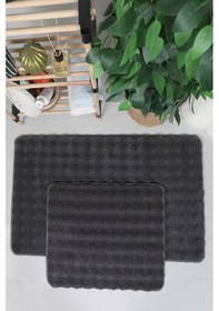 Resim Modern Bubble Yıkanabilir Kaymaz Peluş Banyo Paspası Halısı 2li Klozet Takımı 60x100-50x60cm Antrasit 