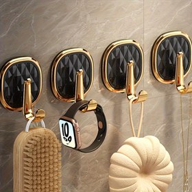 Resim 4 Adet Siyah Elmas Desenli Altın Duvar Kancaları - Bohem Tarzı Paslanmaz Plastik Yapışkanlı Kanca, Banyo, Mutfak, Havlular, Giysiler, Anahtarlar için Matkap Gerektirmeyen Güçlü Tutuş - Ev Dekorasyonu Depolama Aksesuarları, Şık Duvar Dekoru 
