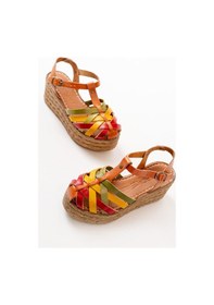 Resim 684-02 Multi Ortopedik Hakiki Deri Dolgu Kadın Sandalet Altın - Taba 