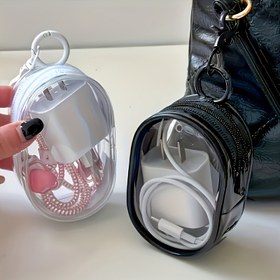 Resim Taşınabilir PVC Kablo Saklama Kutusu, Günlük Tarz Şeffaf Şarj Cihazı Saklama Kutusu Kulaklıklar ve Veri Kabloları için, Anahtarlık ile Taşınabilir Kablo Düzenleyici Şarj Cihazları İçin, Kulaklık, kablolar, mücevher vb. saklamak için de kullanılabilir, sağlam ve dayanıklı Seyahat ve günlük taşıma için uygun, harika tatil hediyesi, Anneler Günü hediyesi vb 