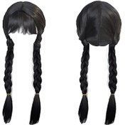 Resim Wednesday Addams Karakter Peruk 60.96cm Uzunluk - Isıya Dayanıklı Sentetik Örgülü Saç, Halloween Kostüm ve Günlük Kullanım İçin - Doğal Siyah Dokulu, Rahat ve Çok Yönlü Parti Perukları, Kadınlar için Aksesuar, Düz Patlı Saç Stili 
