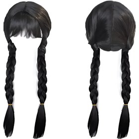 Resim Wednesday Addams Karakter Peruk 60.96cm Uzunluk - Isıya Dayanıklı Sentetik Örgülü Saç, Halloween Kostüm ve Günlük Kullanım İçin - Doğal Siyah Dokulu, Rahat ve Çok Yönlü Parti Perukları, Kadınlar için Aksesuar, Düz Patlı Saç Stili 
