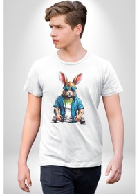 Resim Halter Spor Güneş Gözlüüğü Tavşan Unisex Unisex Beyaz Organik Baskılı T-shirt Penye Yüksek Kalite Beyaz 