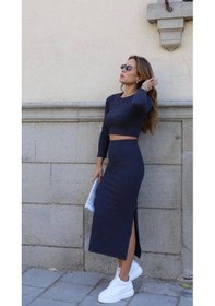 Resim Defymoda Kadın Soft Kaşkorse Kumaş Bluz Ve Yırtmaç Detaylı Etek Ikili Takım Lacivert 