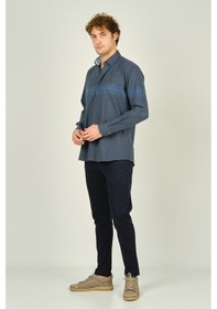 Resim Megaldi Erkek Slim Fit Blok Desenli Pamuklu Uzun Kol Gömlek 1200 İndigo Mavi İndigo Mavi İndigo 