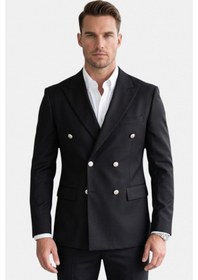Resim Deep Sea Deepsea Erkek Siyah Slim Fit Kruvaze Takım Elbise Likralı Çizgili Dokulu Metal Düğmeli 2600820 