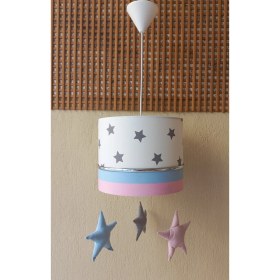 Resim Onay Avize Beyaz Pembe Mavi Yıldızlı M-368 Sarkıtlı Avize Kumaş Kaplama Çocuk Odası Genç ve Bebek Odası Avize Sarkıt 