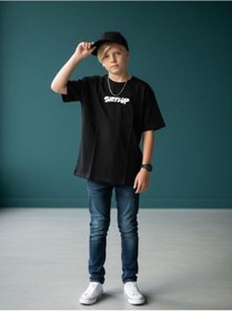 Resim Zekids Erkek Çocuk Pamuklu Sırt Baskılı Kısa Kollu Tasarım T-shirt-16866 SIYAH 