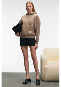 Resim Grimelange CLARIE Kadın Organik Pamuklu Oversize Kanguru Cepli Kapüşonlu Vizon Sweatshirt 