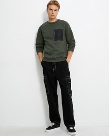 Resim Koton Bisiklet Yaka Sweatshirt Fermuarlı Cep Detaylı Ribanalı Şardonlu Haki 4wam70053mk Haki 