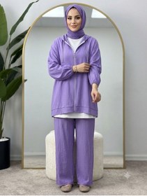 Resim Lovie Moda Kadın Kapüşonlu Fermuar Detaylı Jakarlı Pantolonlu Tesettür Takım Mor 
