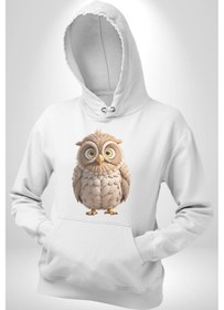 Resim Baykuş Kadın Erkek Beyaz Kapüşonlu Sweatshirt Hoodie Beyaz 