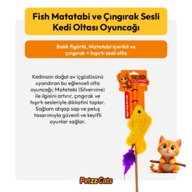 Resim PetzzCats Fish Matatabi ve Çıngırak Sesli Kedi Oltası Oyuncağı Sarı 42 Cm 