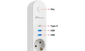 Resim Techmaster 4lü Priz Çocuk Korumalı 2 USB ve Type-C Girişi ile 2 m Beyaz Uzunluk 