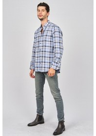 Resim De Leone Erkek Çizgili Uzun Kollu Yün Apre Gömlek 0171101 Mavi Mavi 