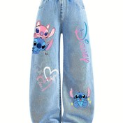 Resim Disney Stitch Y2K Düz Bacaklı Kot Pantolon Kızlar İçin, Elastik Bel, Rahat Denim Kumaş, Cep Detaylı Şık Bol Kesim, Tüm Mevsimler İçin Rahat Giyim, 8-13 Yaş Arası İçin Mükemmel Hediye, M03 
