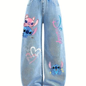 Resim Disney Stitch Y2K Düz Bacaklı Kot Pantolon Kızlar İçin, Elastik Bel, Rahat Denim Kumaş, Cep Detaylı Şık Bol Kesim, Tüm Mevsimler İçin Rahat Giyim, 8-13 Yaş Arası İçin Mükemmel Hediye, M03 