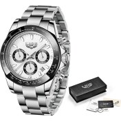 Resim Hanyang Gümüş Beyaz 2022 Lıge Moda Erkek Saatler Üst Marka Lüks Kol Saati Kuvars Saat Izle Adam Su Geçirmez Kronograf Relogio Masculino + Kutu (Yurt Dışından) 