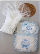 Resim Yenidoğan Nil Taç Nakışlı Kundaklı Trilüks 3lü Alt Açma Seti Mavi 