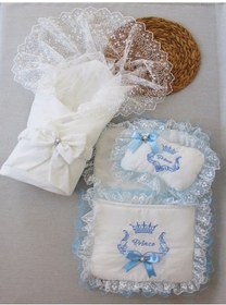 Resim Yenidoğan Nil Taç Nakışlı Kundaklı Trilüks 3lü Alt Açma Seti Mavi 