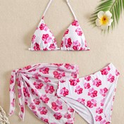 Resim Genç Kızların Çiçek Desenli Bikini Takımı - 3 Parça Yazlık Plaj Giyimi, Yüksek Esneklikli Kumaş, Dar Kesim, Yuvarlak Yaka, Beyaz Pembe ve Kırmızı Çiçeklerle, Havuz Kenarı veya Tatil için Mükemmel, Bikini Üst, Bikini Alt, Bikini Mayo, Havuz Kenarı Kıyafeti, Tatil Plaj Giyimi, Çiçek Desenli Plaj Giyimi, Yüksek Esneklikli Kumaş, Gençler İçin 