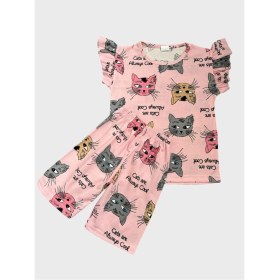 Resim Kız Çocuk Pamuklu Pembe Kedi Desenli Kısa Kollu Şortlu Yazlık Pijama Takımı 