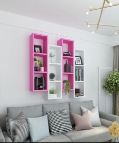 Resim Kitaplık Modern Ev Duvar Rafı Pembe Beyaz 4 Lü Takım Pembe-beyaz 