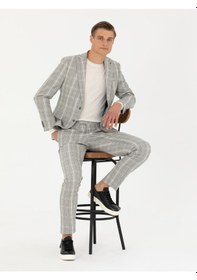 Resim Cacharel Gri Slim Fit Yün Karışımlı Ekose Takım Elbise 