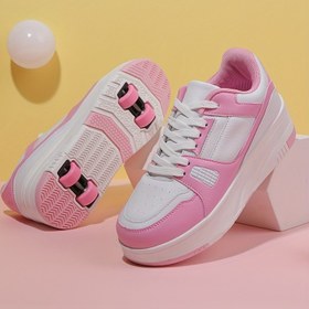 Resim Çocuklar için Unisex Kaykay Ayakkabıları, 8 Tekerlekli Çıkarılabilir Paten, Karo Kumaşlı Düşük Tabanlı Spor Ayakkabılar, Bağcıklı, TPR Taban, Kumaş Taban, Yürüyüş ve Günlük Giyim için Uygun, 14 Yaş Altı Erkek ve Kızlar İçin, Tüm Mevsimler İçin Uygun 